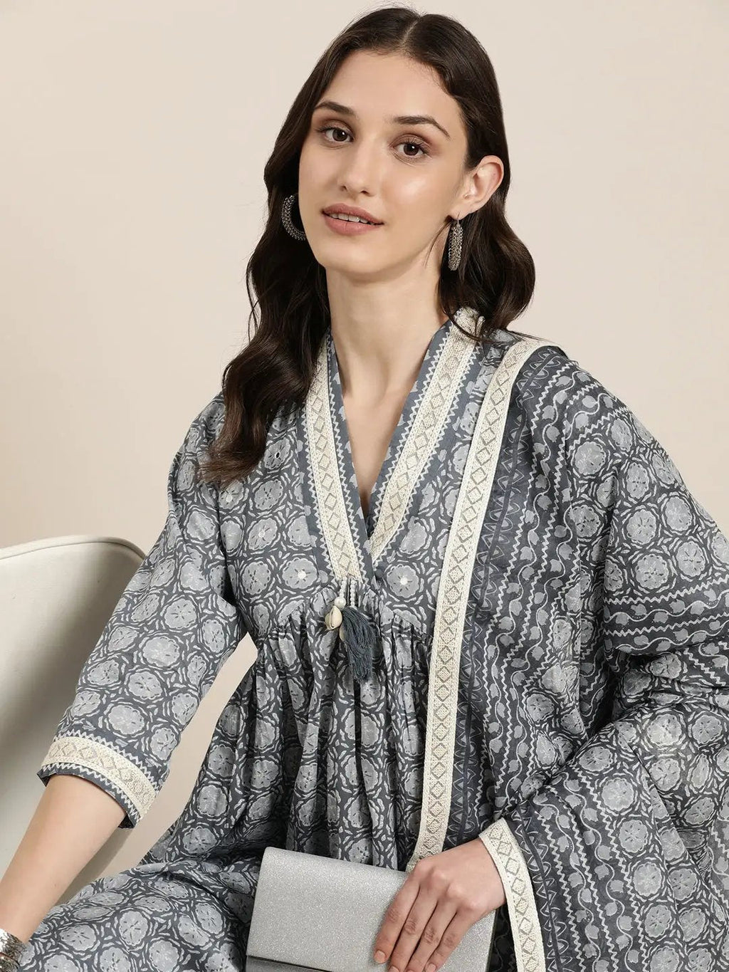 Women's Grey Floral Printed V-Neck Mirror Work A-Line Kurta Set With Dupatta