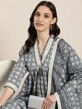 Women's Grey Floral Printed V-Neck Mirror Work A-Line Kurta Set With Dupatta