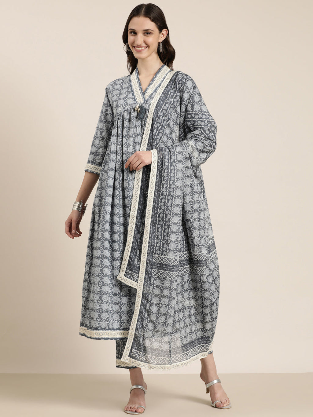 Women's Grey Floral Printed V-Neck Mirror Work A-Line Kurta Set With Dupatta