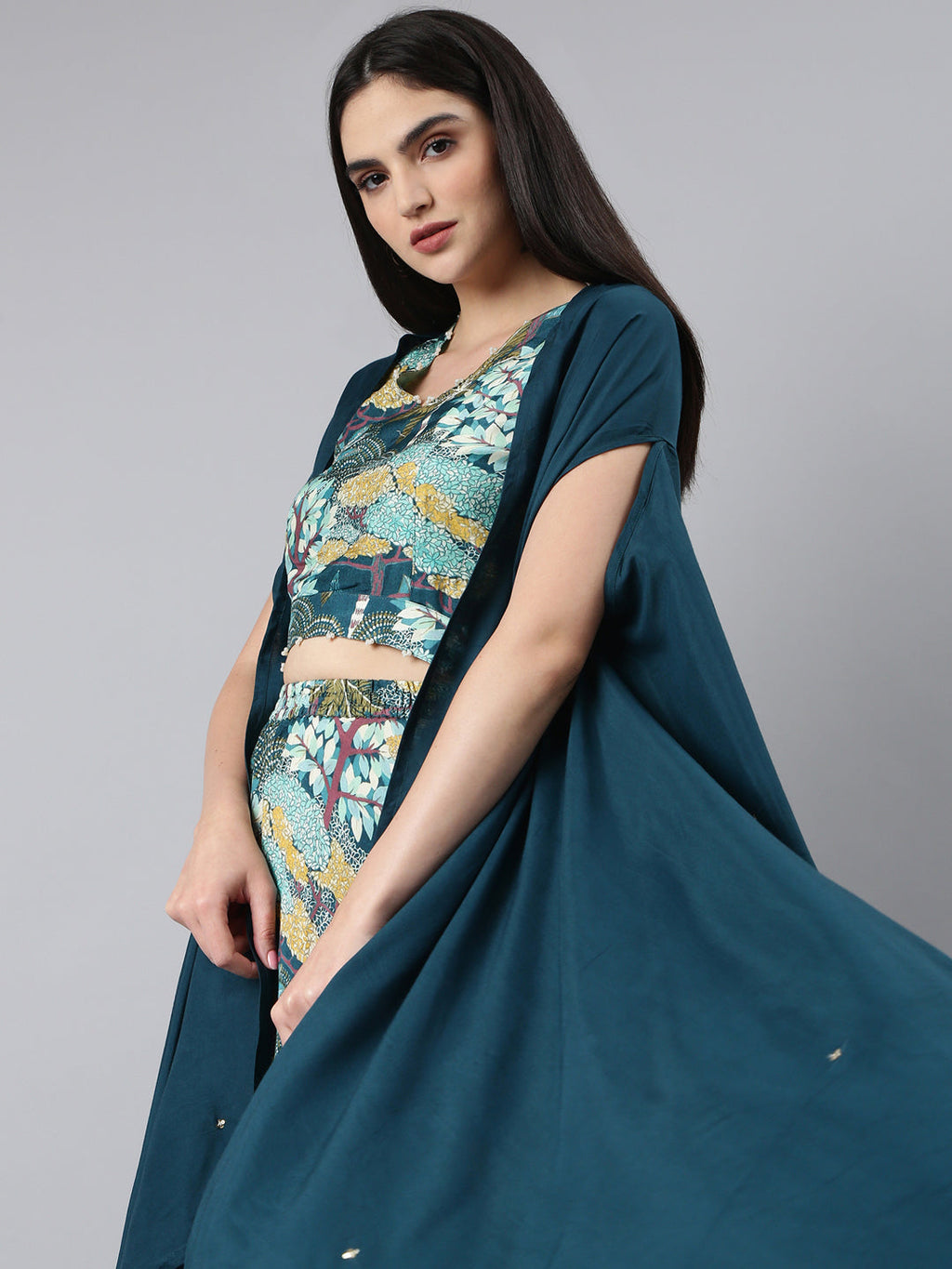 Women's Teal Printed Kurta Set With Jacket
