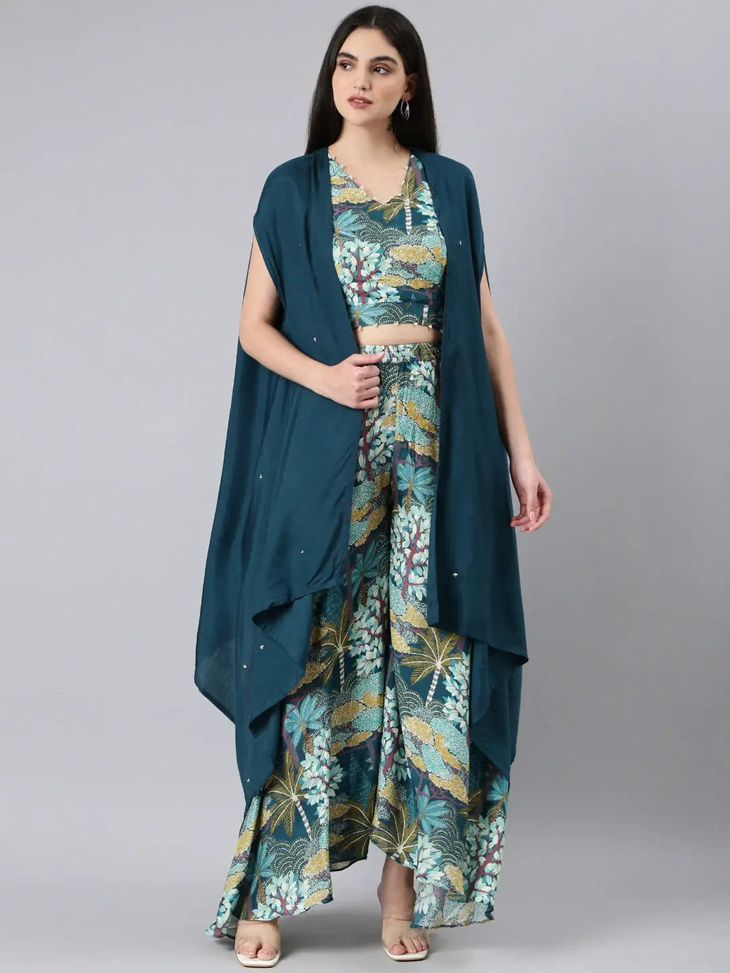 Women's Teal Printed Kurta Set With Jacket