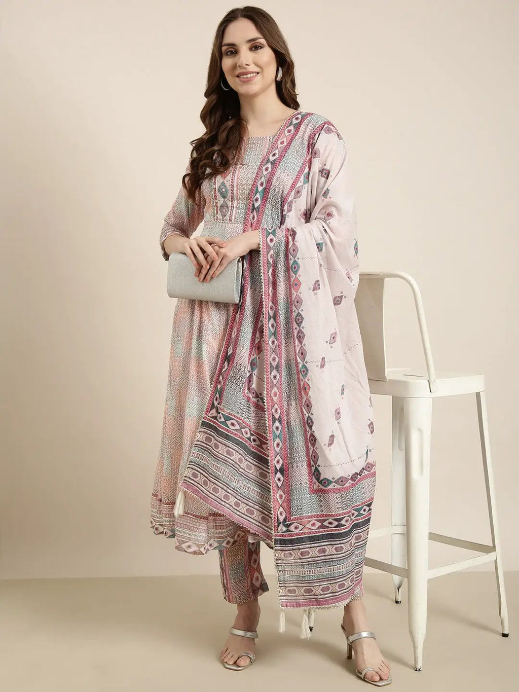 Women's Anarkali Multi Geometric Kurta Sets with Trousers & Dupatta