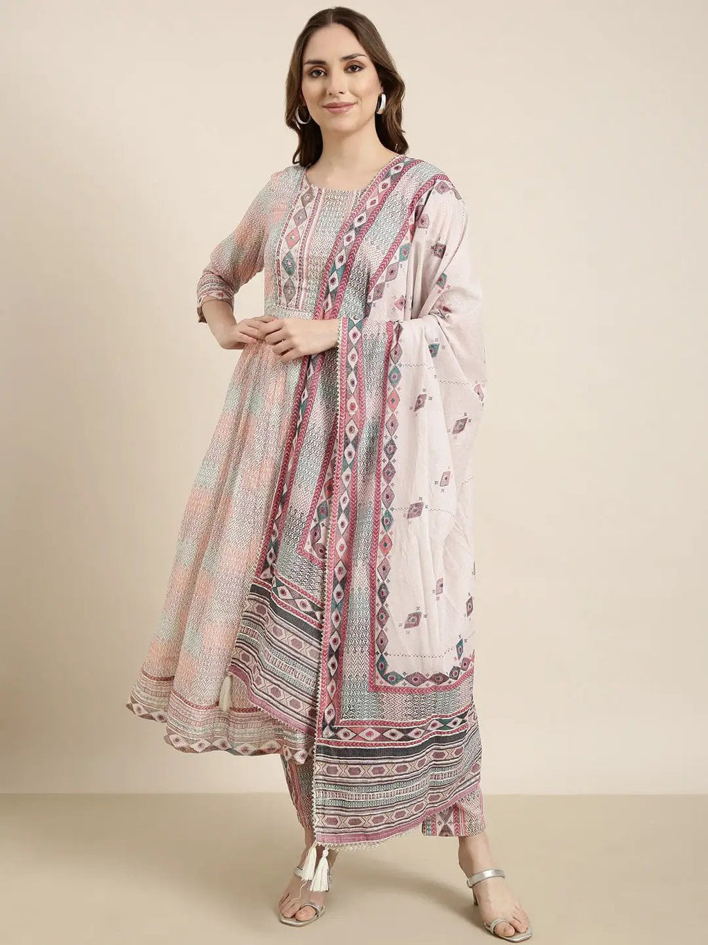 Women's Anarkali Multi Geometric Kurta Sets with Trousers & Dupatta