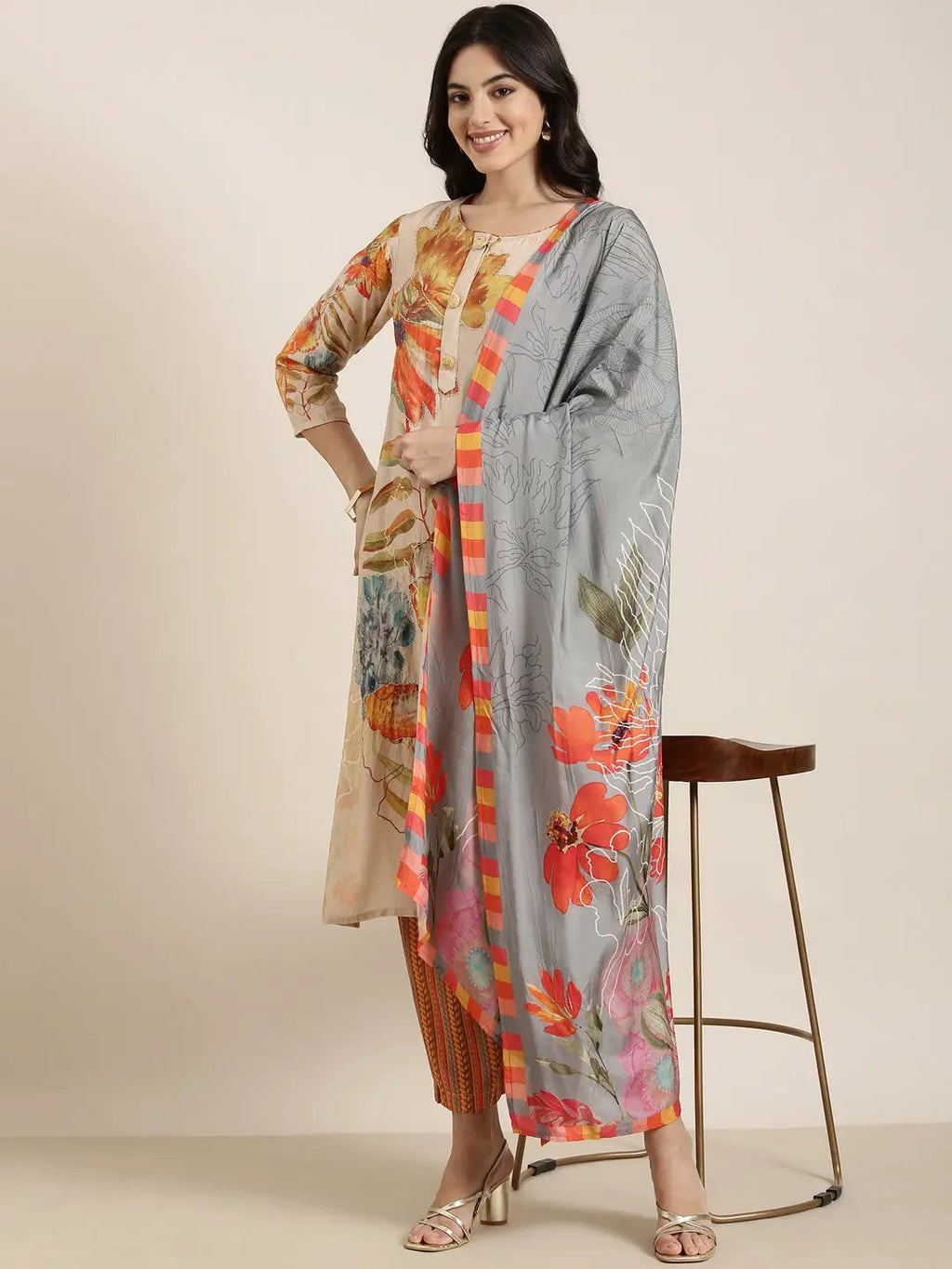 Women's Ethnic Straight Beige Floral Kurta Sets with Trousers & Dupatta