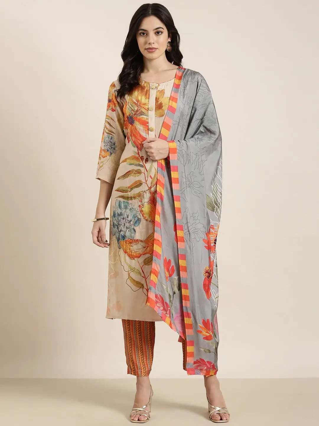 Women's Ethnic Straight Beige Floral Kurta Sets with Trousers & Dupatta