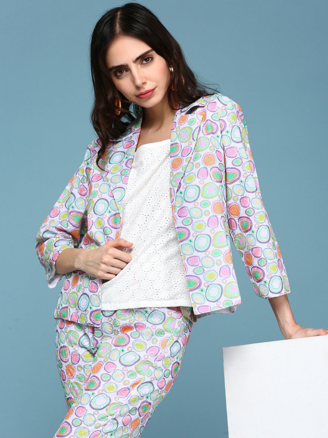 Women's White Conversational Printed Co-Ords Set With Jacket