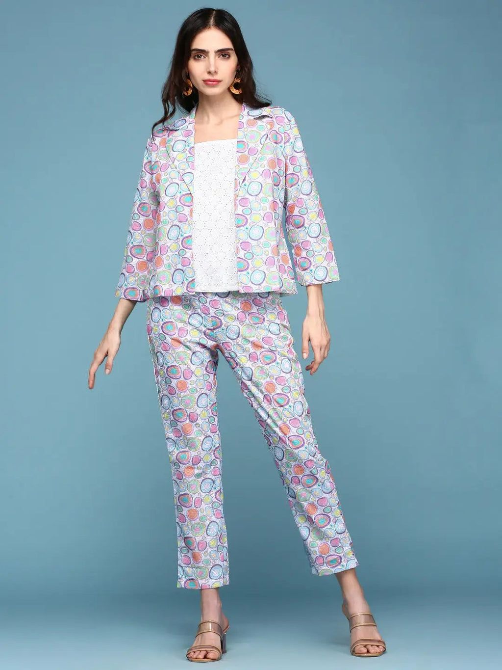 Women's White Conversational Printed Co-Ords Set With Jacket