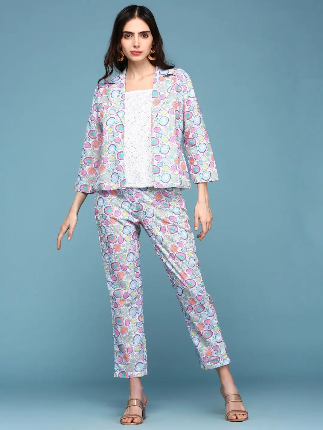 Women's White Conversational Printed Co-Ords Set With Jacket