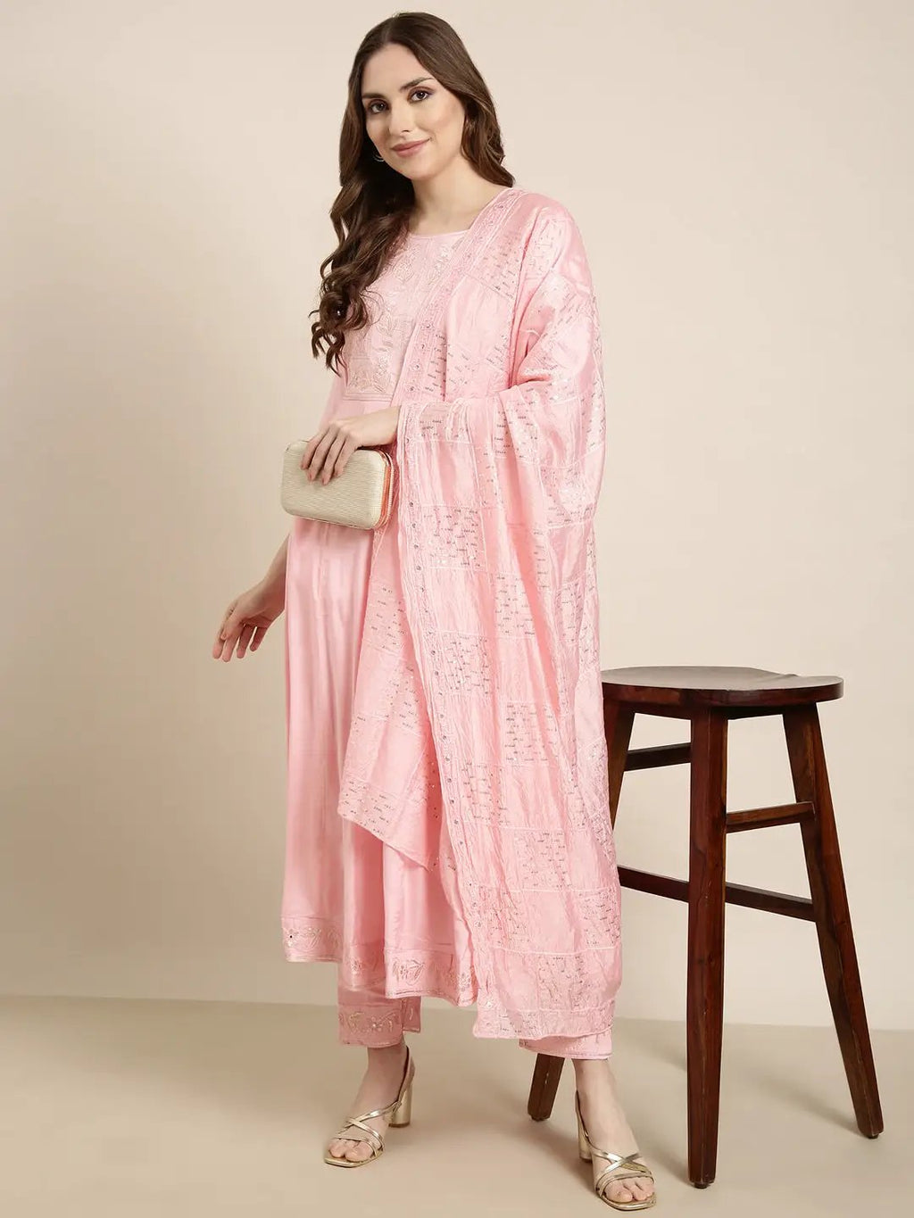 Women's Anarkali Pink Solid Kurta Sets with Trousers & Dupatta