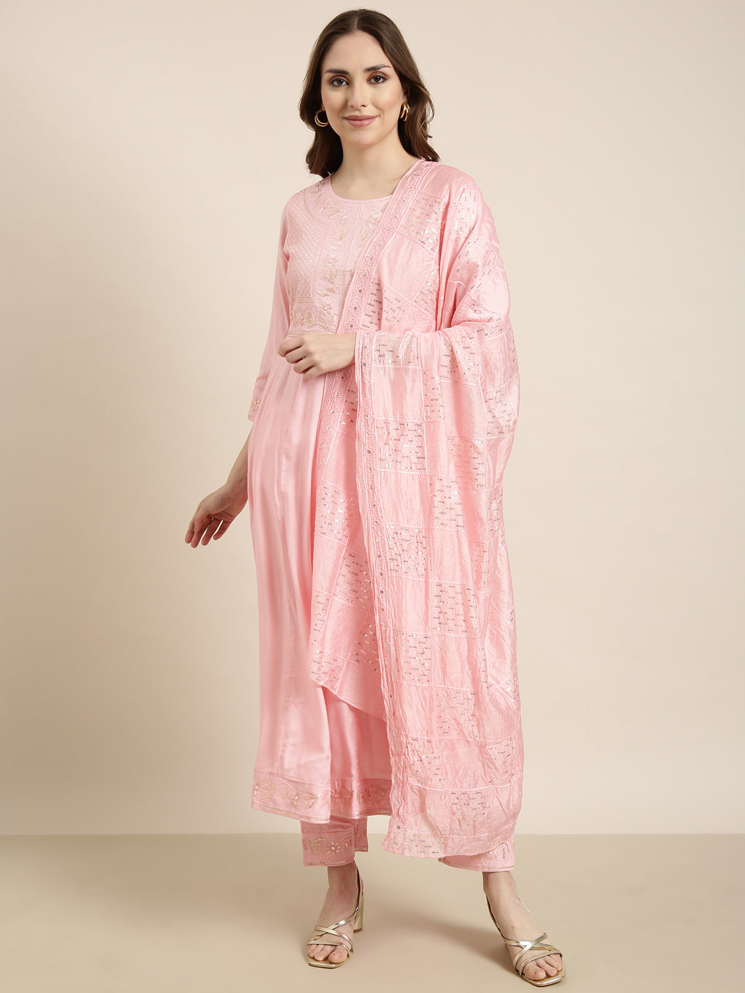 Women's Anarkali Pink Solid Kurta Sets with Trousers & Dupatta