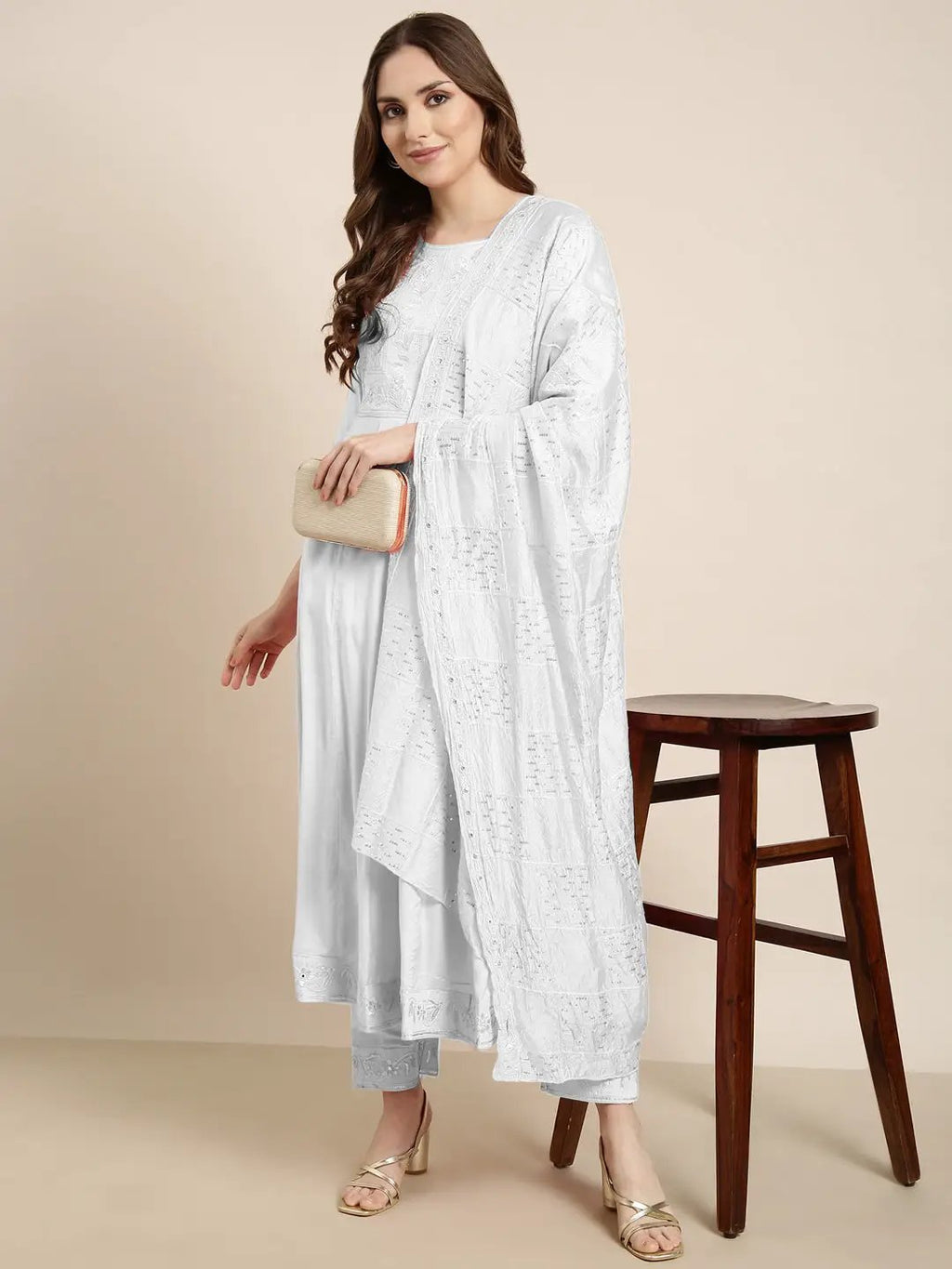 Women's Ethnic Solid White Anarkali Kurta Set with Dupatta