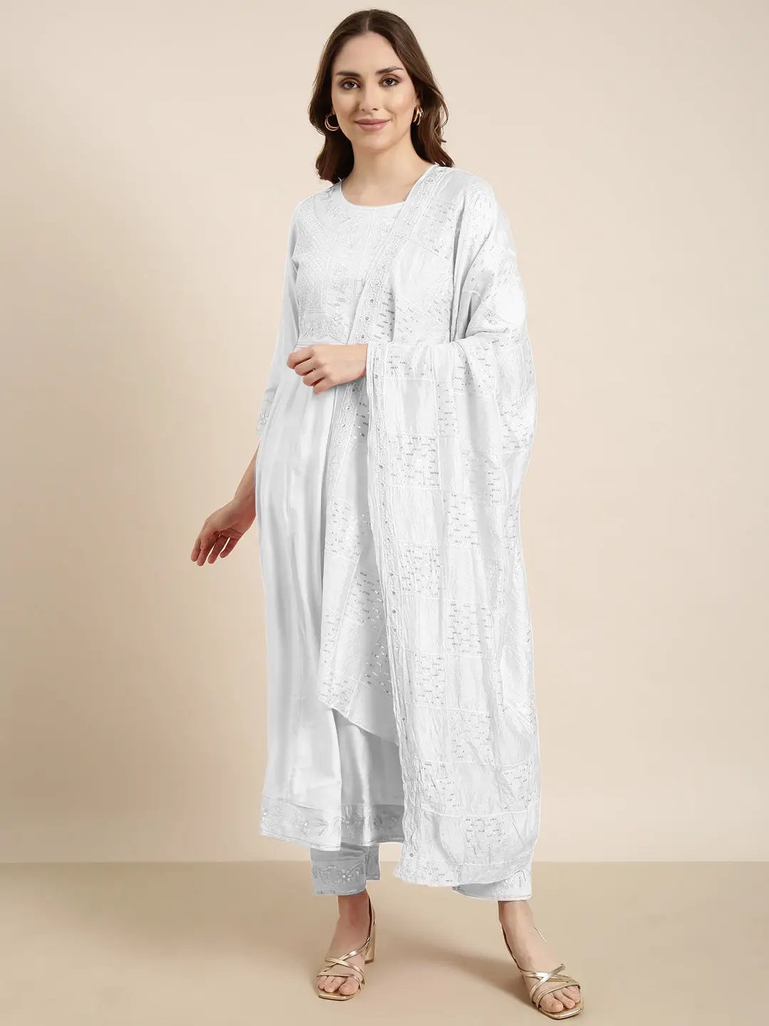 Women's Ethnic Solid White Anarkali Kurta Set with Dupatta