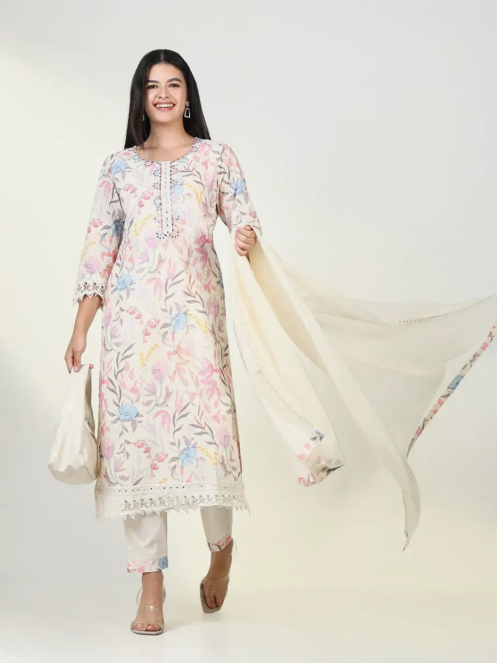 Women's Ethnic Floral Cream Kurta Set with Dupatta