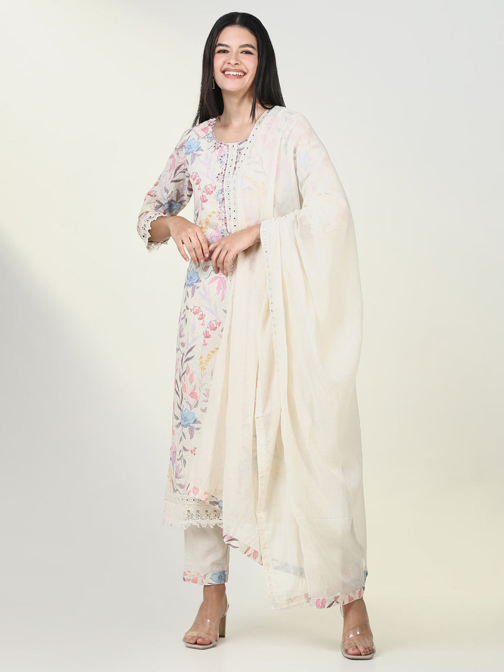 Women's Ethnic Floral Cream Kurta Set with Dupatta