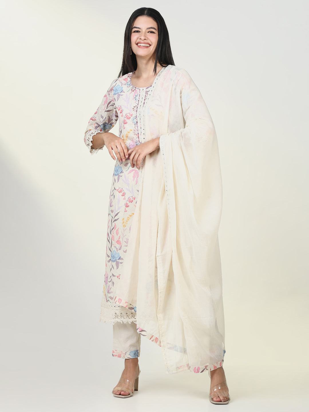 Women's Ethnic Floral Cream Kurta Set with Dupatta