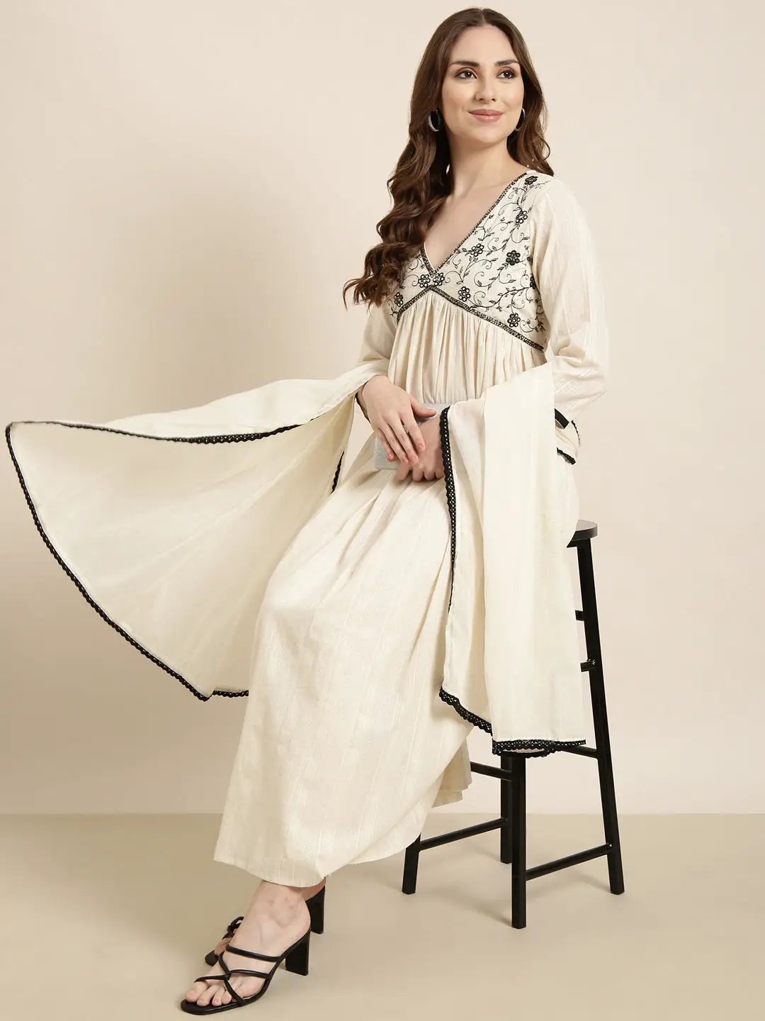 Women's Anarkali Cream Woven Design Kurta Sets with Trousers & Dupatta