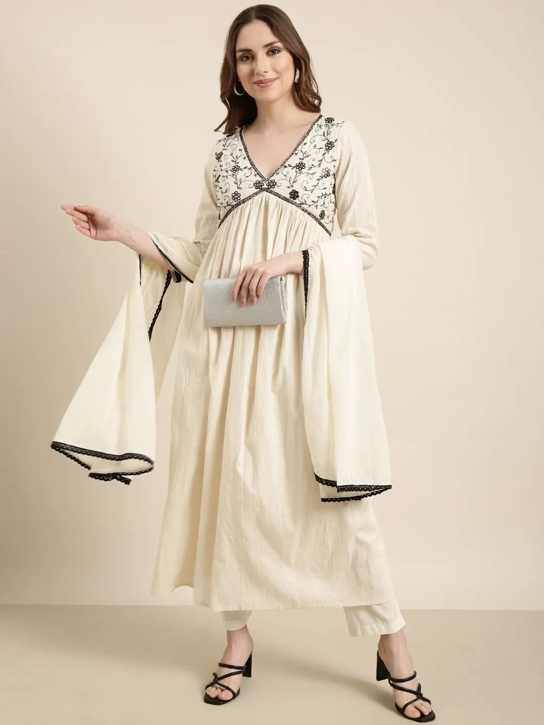 Women's Anarkali Cream Woven Design Kurta Sets with Trousers & Dupatta