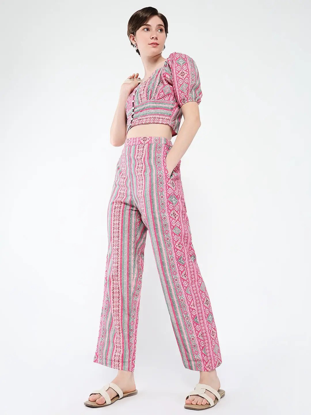 Women's Pink Printed Casual Co-Ords Set