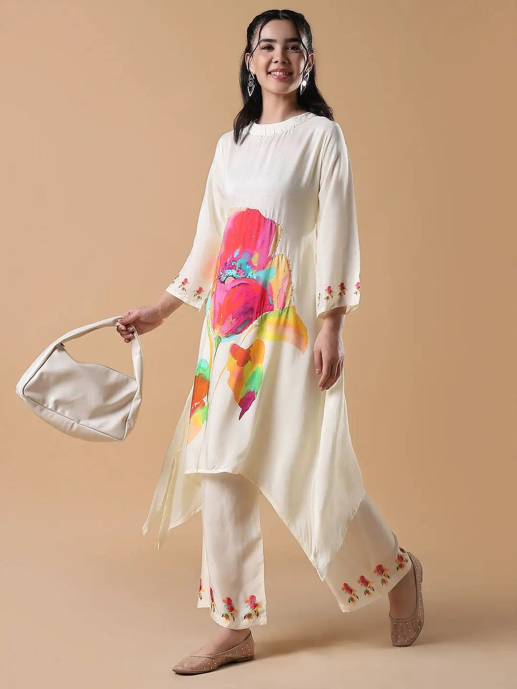 Women's Floral A-Line Sequinned Cream Kurta Set