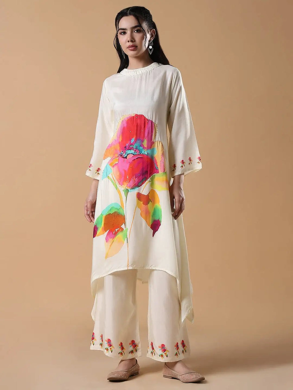 Women's Floral A-Line Sequinned Cream Kurta Set