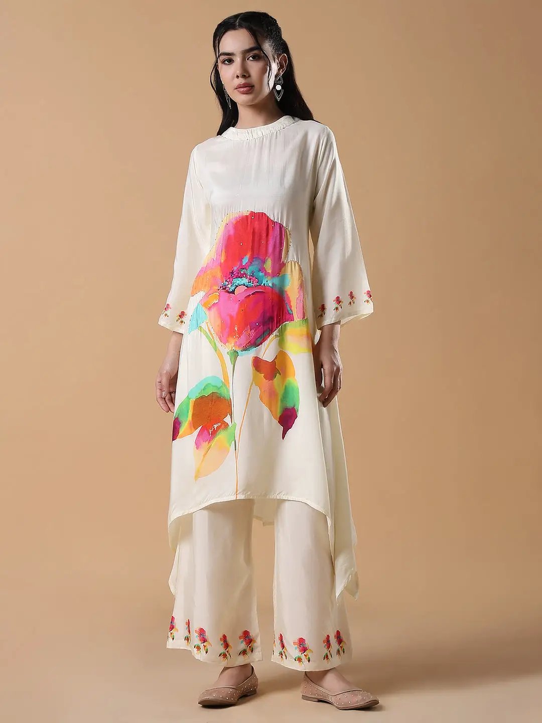 Women's Floral A-Line Sequinned Cream Kurta Set