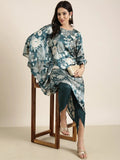 Women's A-Line Teal Floral Kurta Sets With Dhoti Pants