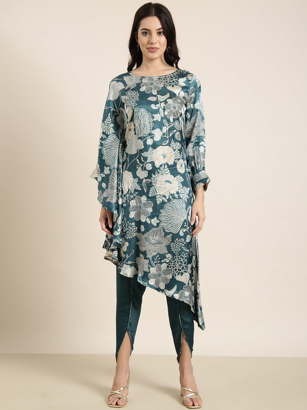 Women's A-Line Teal Floral Kurta Sets With Dhoti Pants