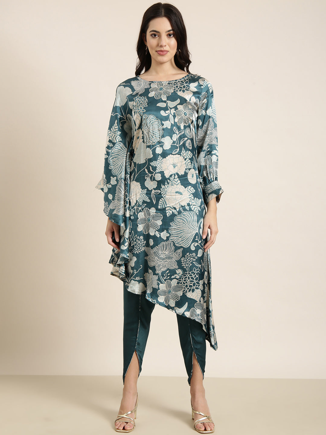Women's A-Line Teal Floral Kurta Sets With Dhoti Pants