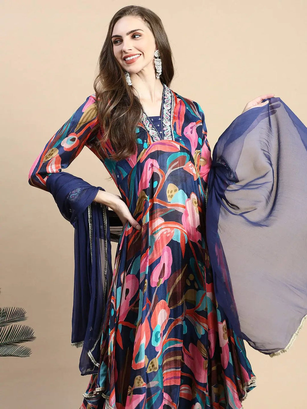 Women's Floral Navy Blue Anarkali Kurta Set with Dupatta