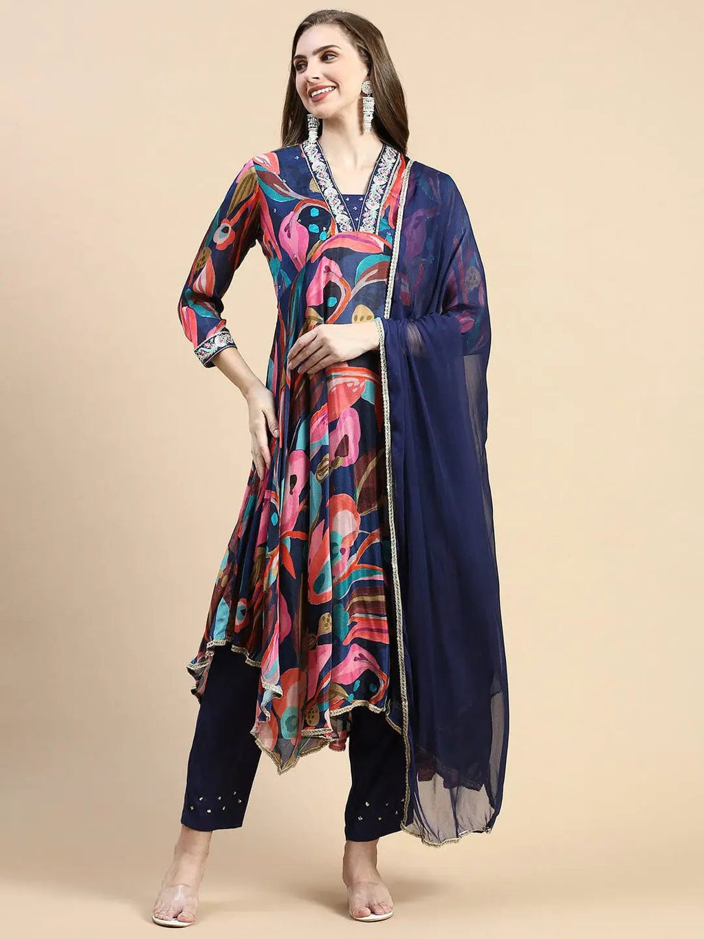 Women's Floral Navy Blue Anarkali Kurta Set with Dupatta