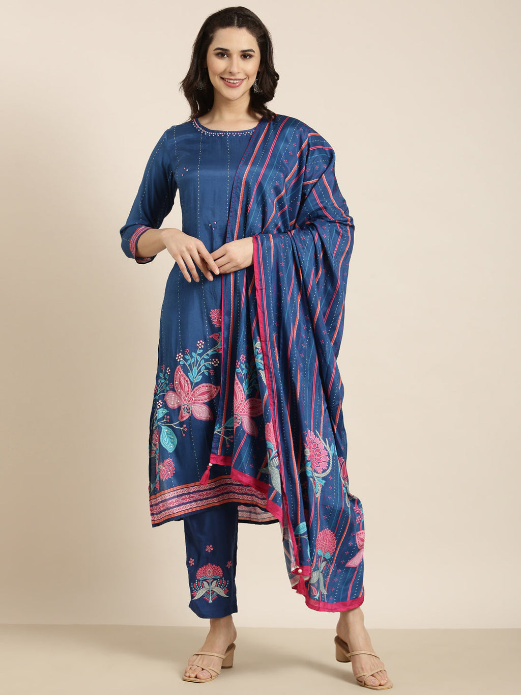 Women's Straight Blue Floral Kurta Sets with Trousers & Dupatta