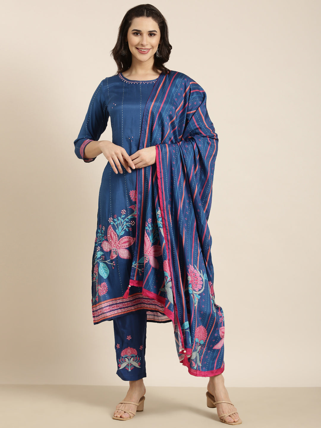 Women's Straight Blue Floral Kurta Sets with Trousers & Dupatta