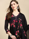 Women's Floral Black Anarkali Kurta Set with Dupatta