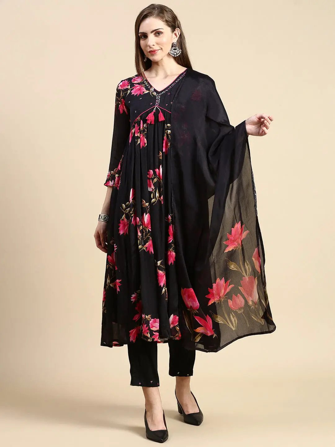 Women's Floral Black Anarkali Kurta Set with Dupatta