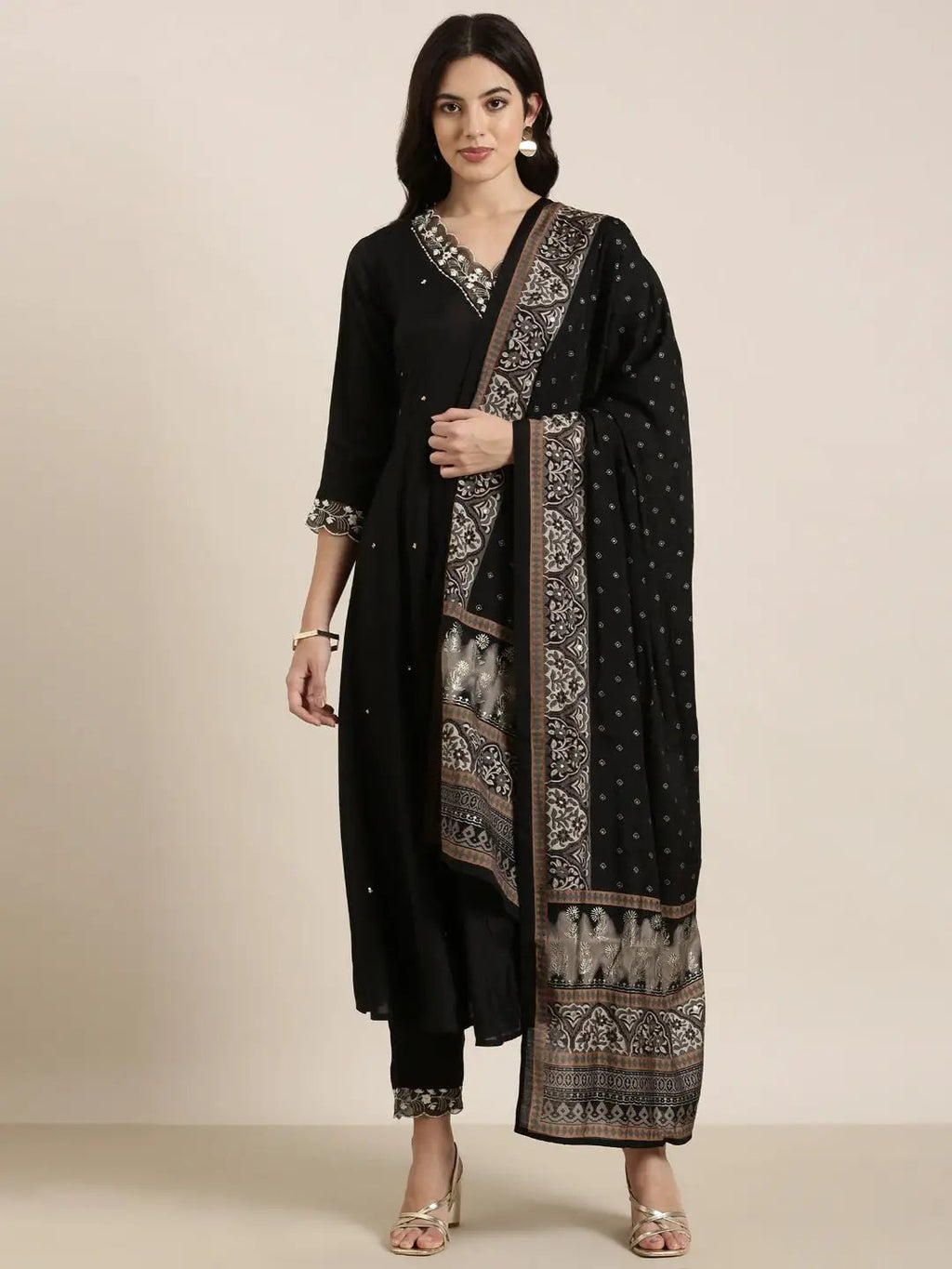 Women's Anarkali Black Solid Kurta and Trousers Set Comes With Dupatta