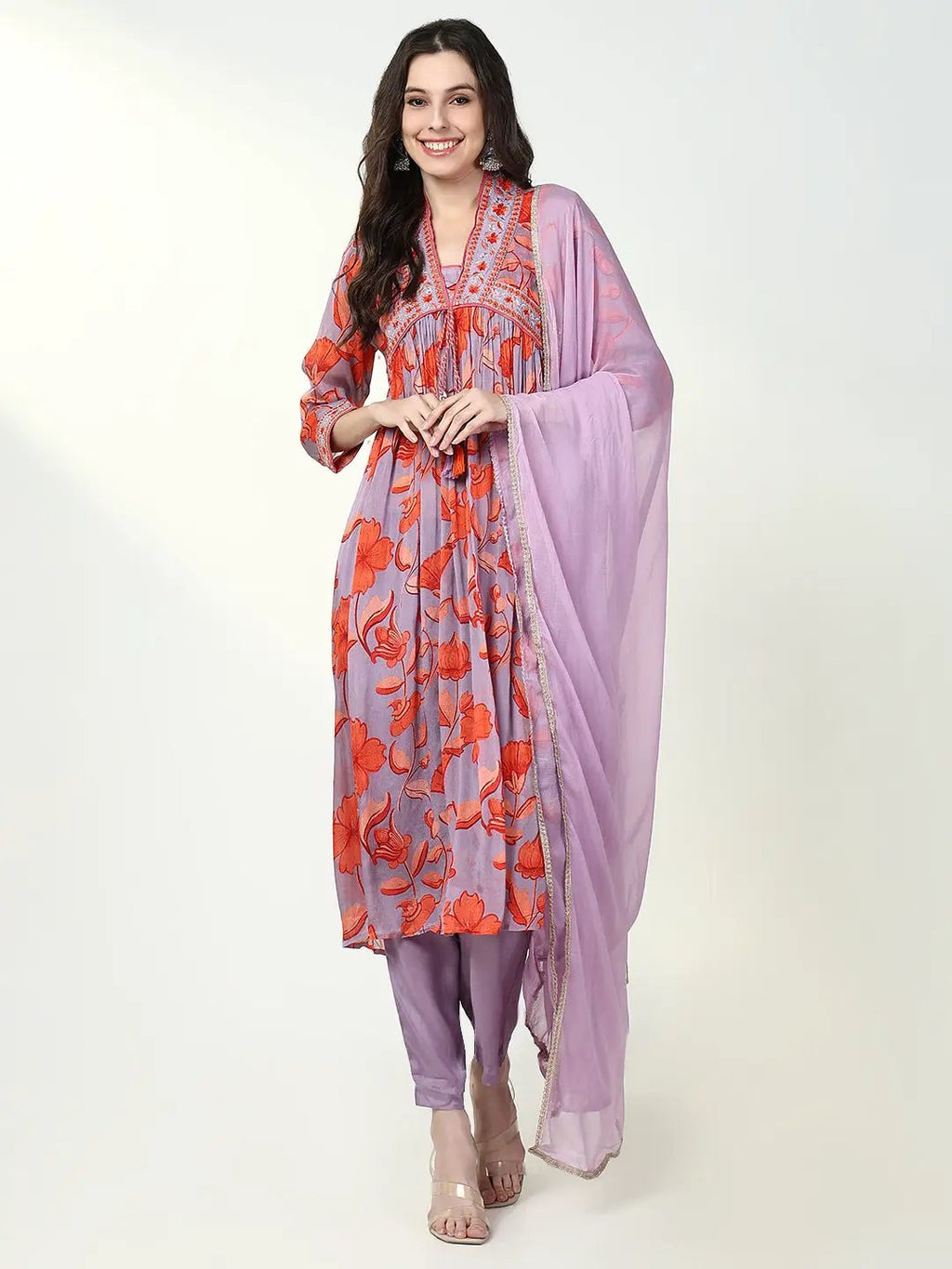 Women's Floral Lavender Anarkali Kurta Set with Dupatta