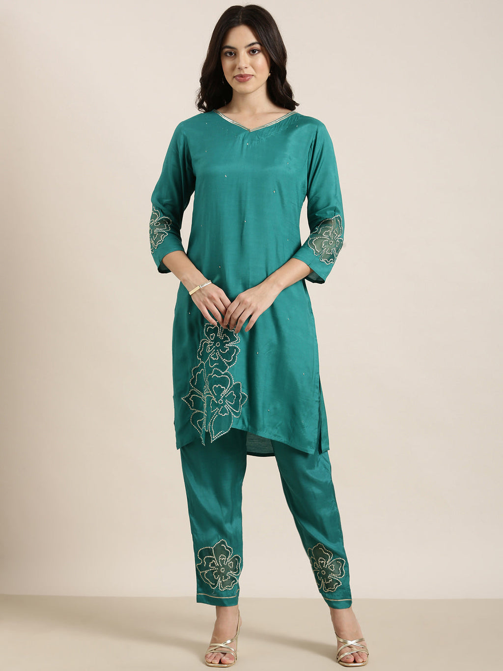 Women's Straight Green Floral Kurta Sets With Trousers