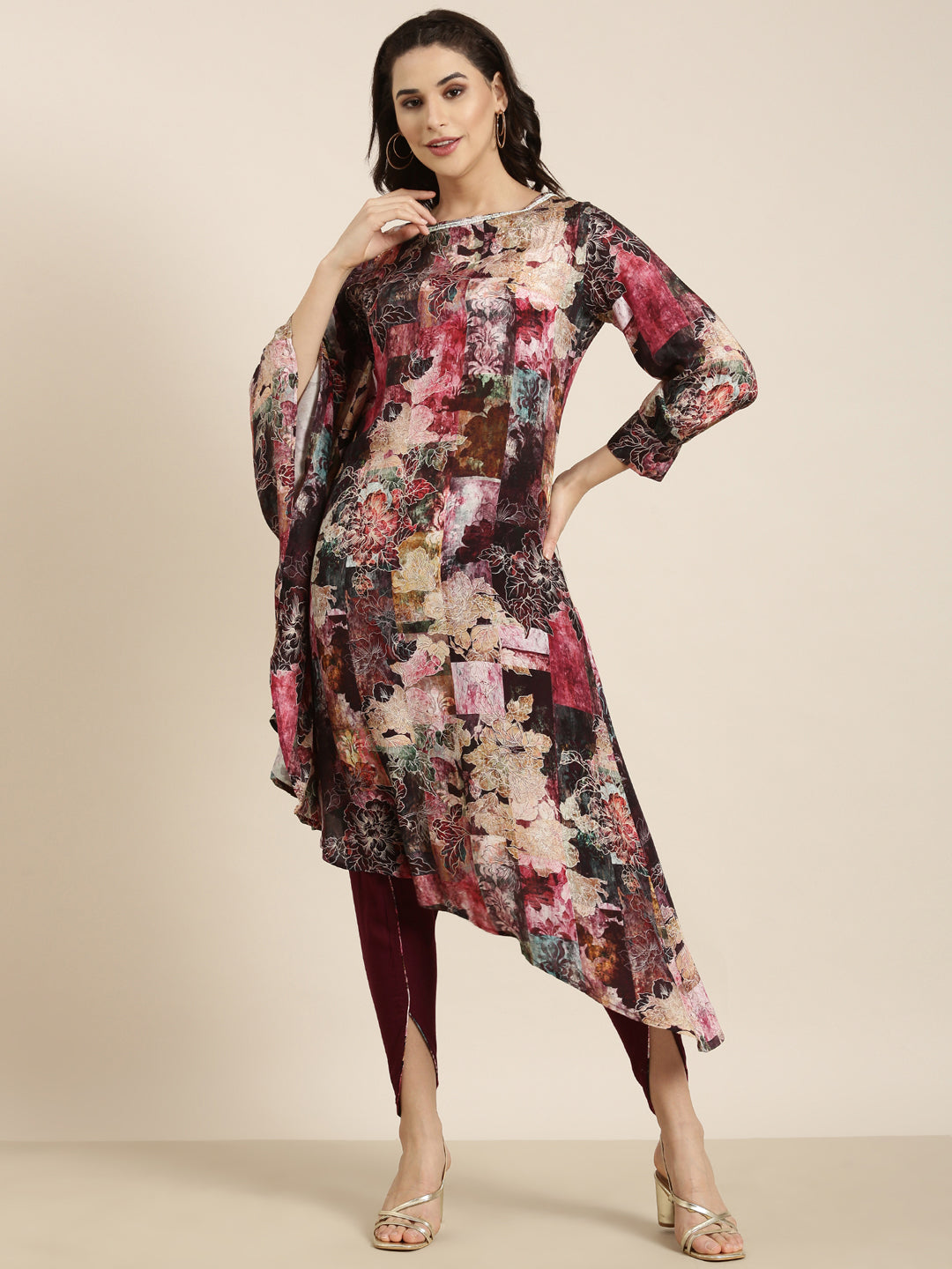 Women's A-Line Purple Floral Kurta Sets With Dhoti Pants