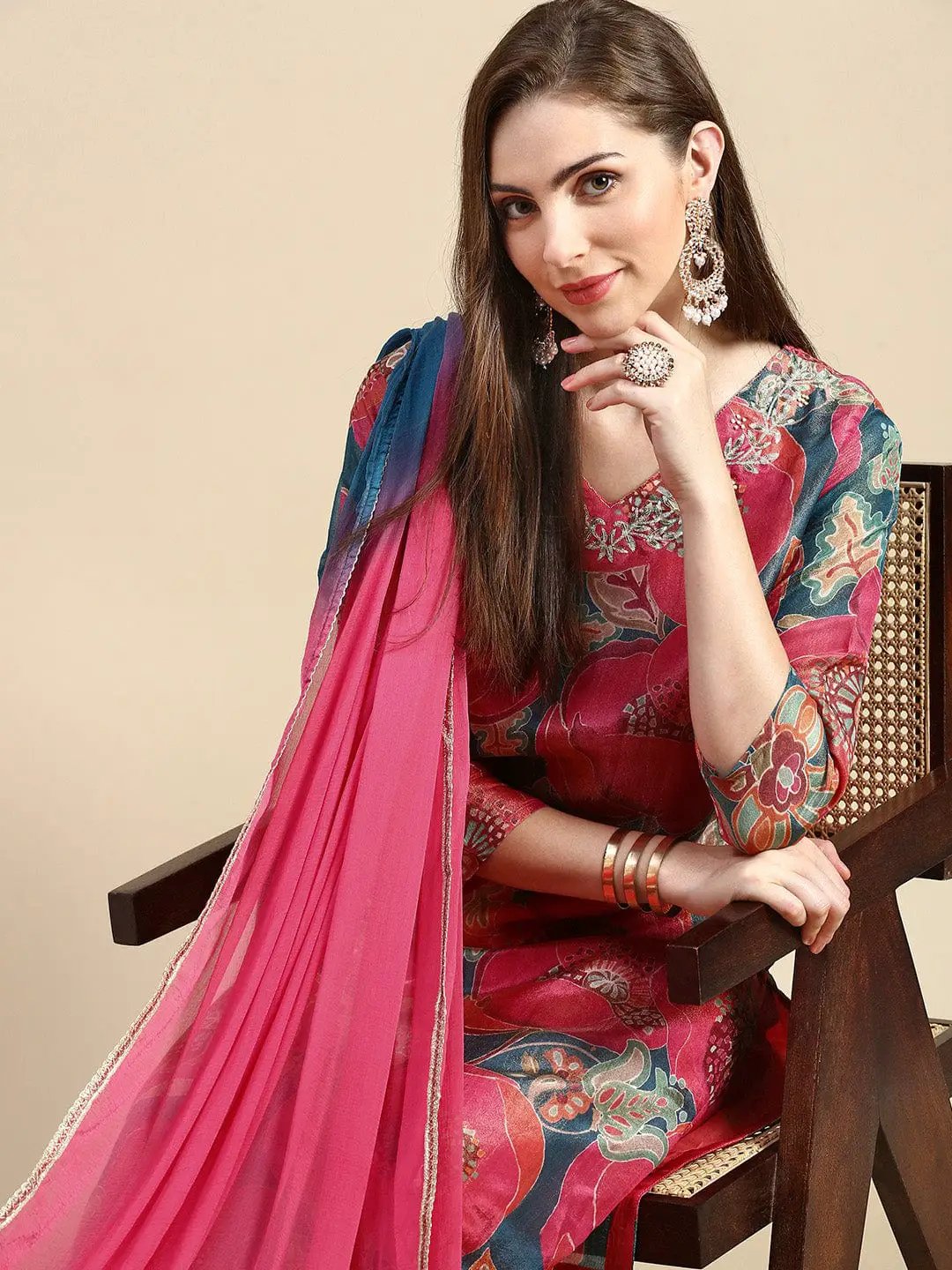Women's Floral Coral Straight Kurta Set with Dupatta
