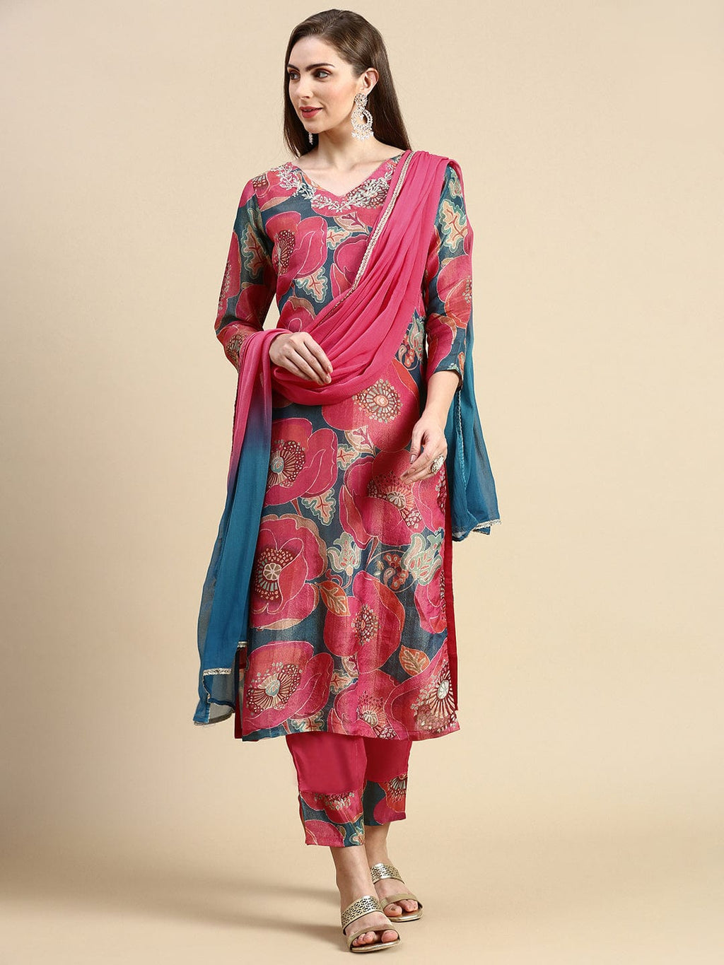 Women's Floral Coral Straight Kurta Set with Dupatta