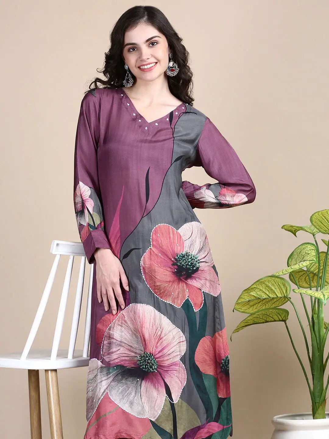 Women's Floral Purple Straight Kurta Set