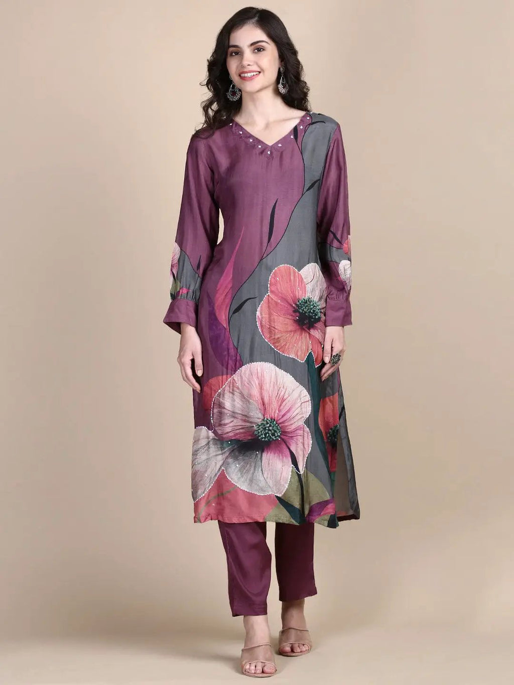 Women's Floral Purple Straight Kurta Set