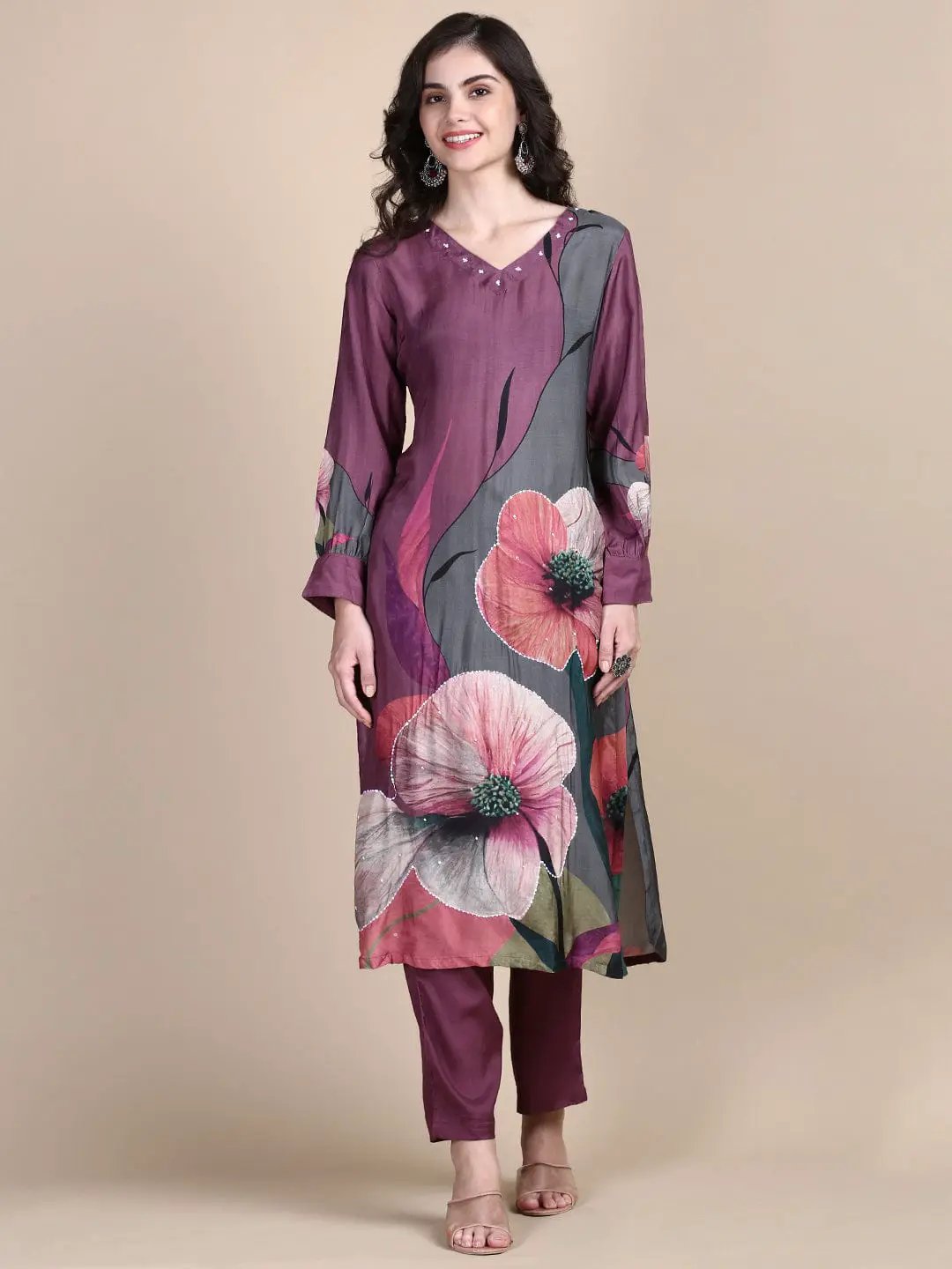 Women's Floral Purple Straight Kurta Set
