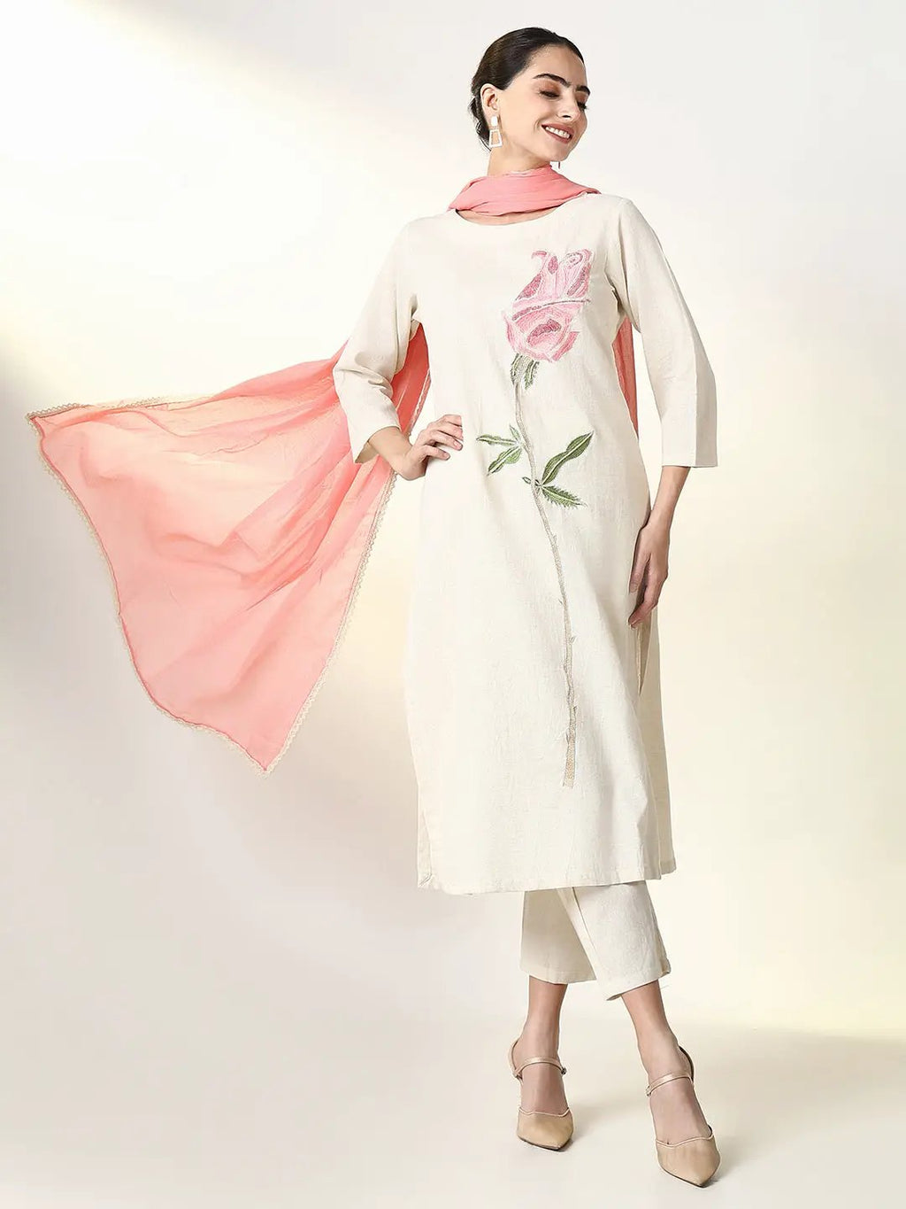 Women's Solid Off White Straight Kurta Set with Dupatta