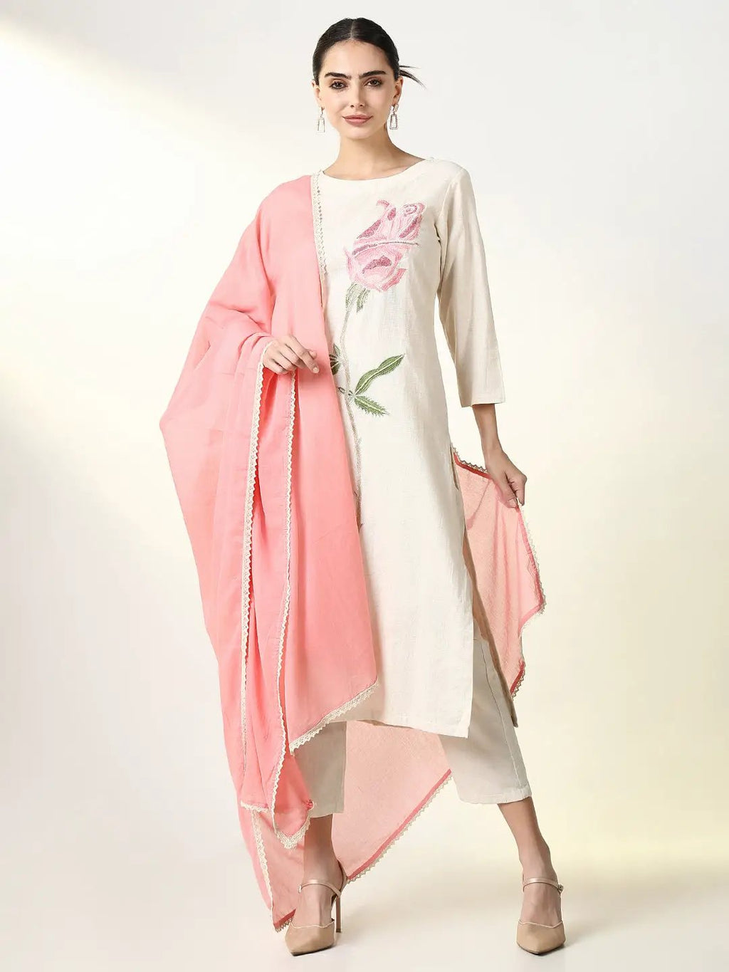 Women's Solid Off White Straight Kurta Set with Dupatta
