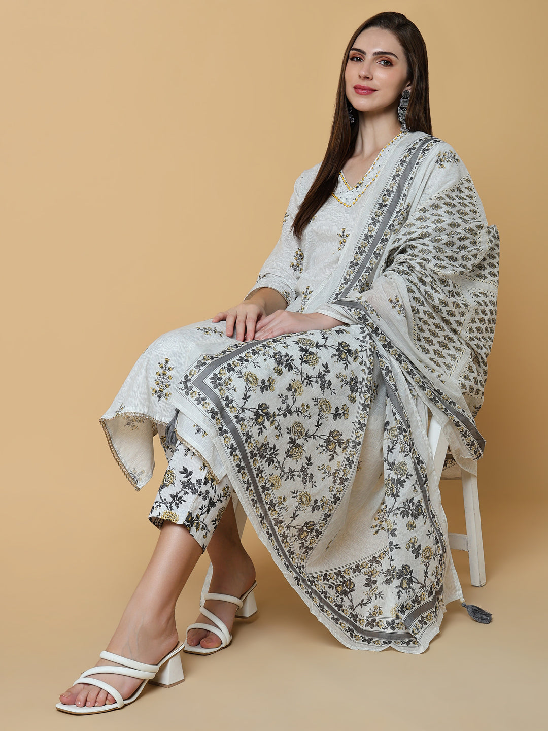 Women's Graphic Off White Straight Kurta Set with Dupatta