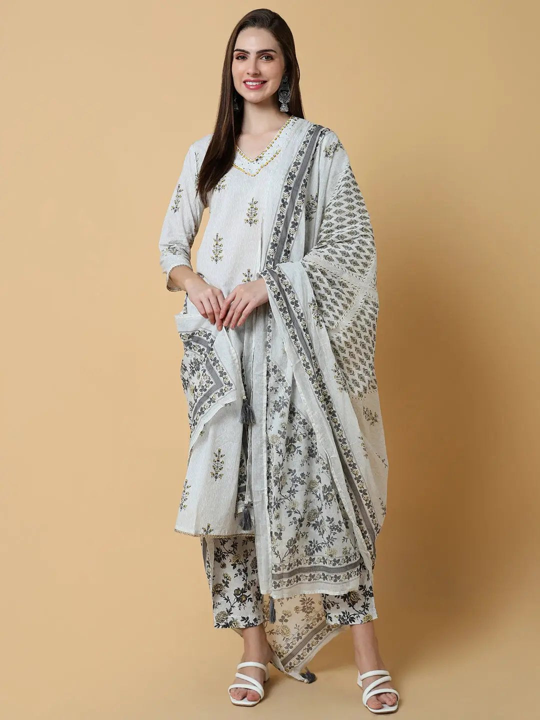 Women's Graphic Off White Straight Kurta Set with Dupatta