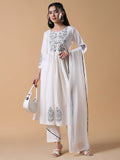 Women's Floral Anarkali White & Black Kurta Set with Dupatta