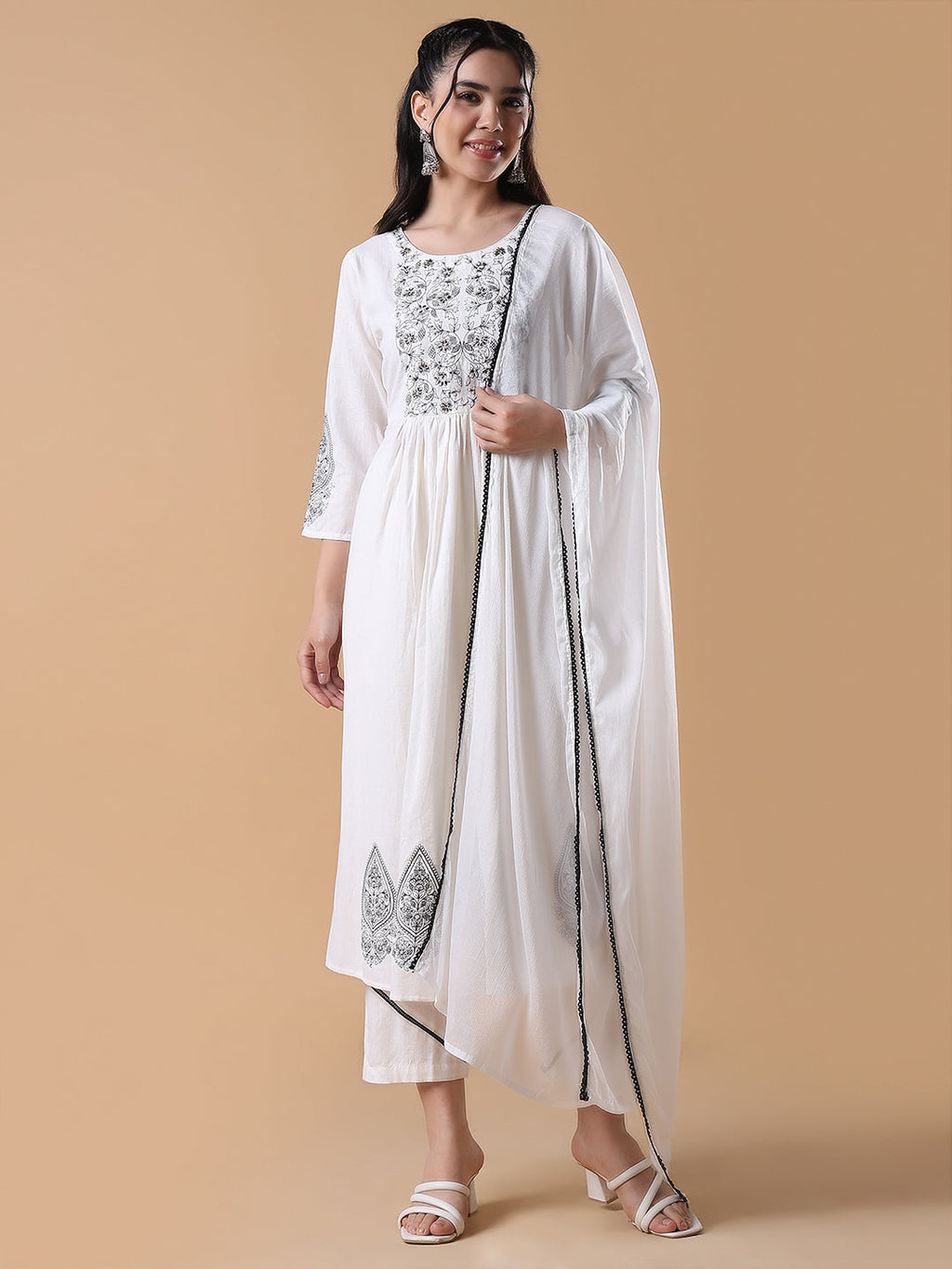 Women's Floral Anarkali White & Black Kurta Set with Dupatta