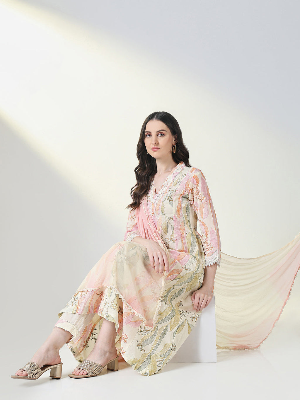 Women's Cream Floral A Line Kurta Set with Dupatta